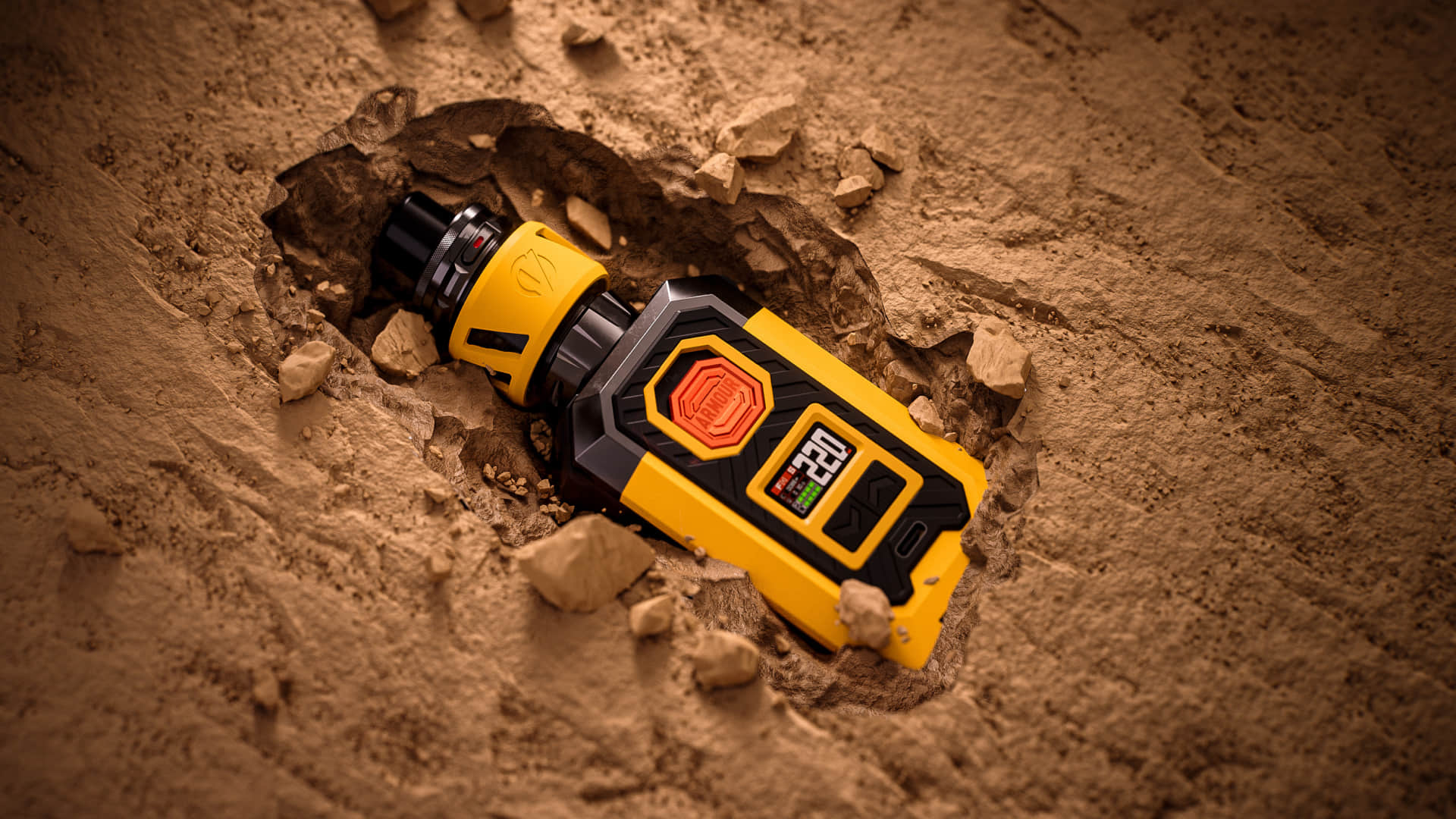 VAPORESSO ARMOUR MAX dtl vape kit showcasing its rugged durability after an impact. The full TPU protection makes it a reliable sub ohm vape for worry-free direct to lung vape cloud chasing.